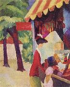 August Macke, Vor dem Hutladen (Frau mit roter Jacke und Kind)